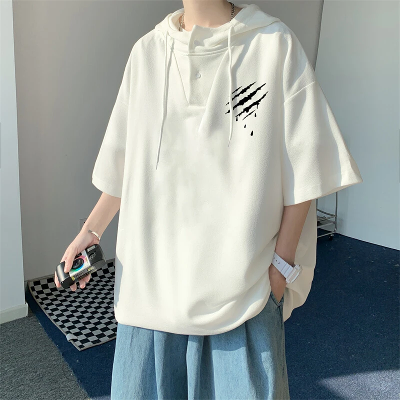 冰丝连帽t恤男夏季薄款港风青少年短袖潮牌宽松大码初高中生上衣