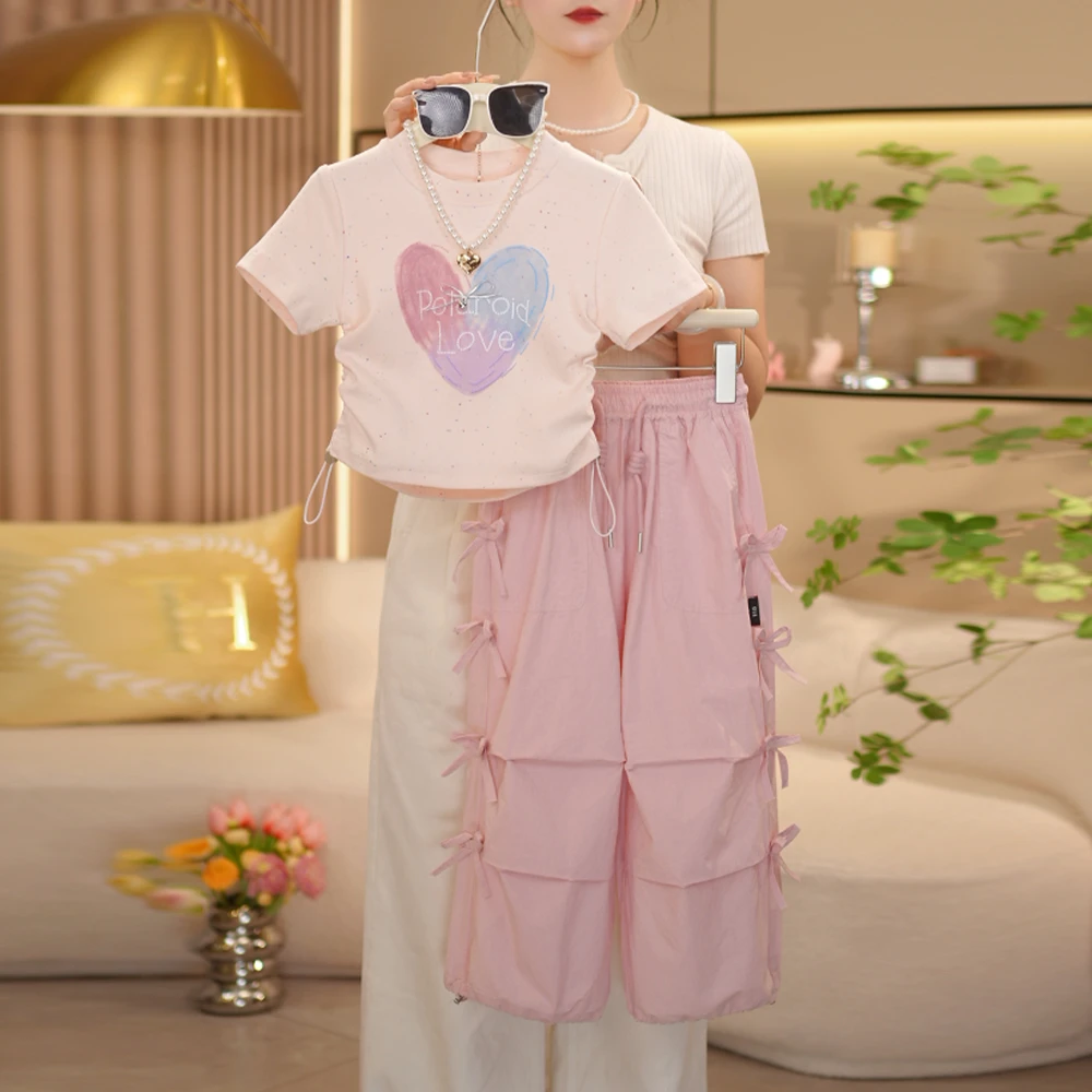 【闺蜜家】女童2025夏季新款时尚爱心短袖T恤+蝴蝶结裤子套装-8186