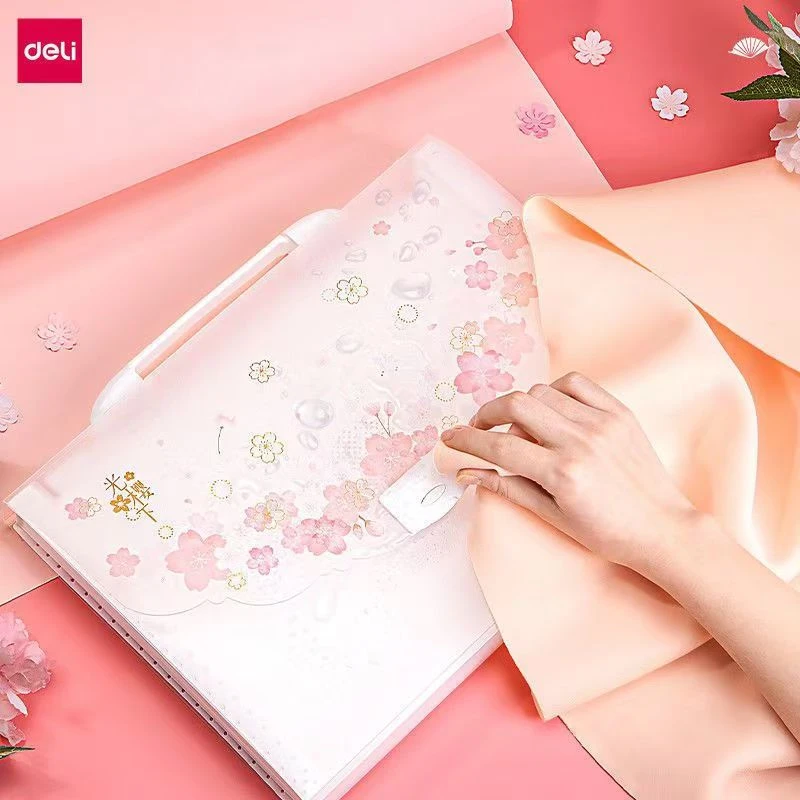 得力樱花限定A4文件夹多层风琴包资料册分类学生卷子试卷袋书夹子