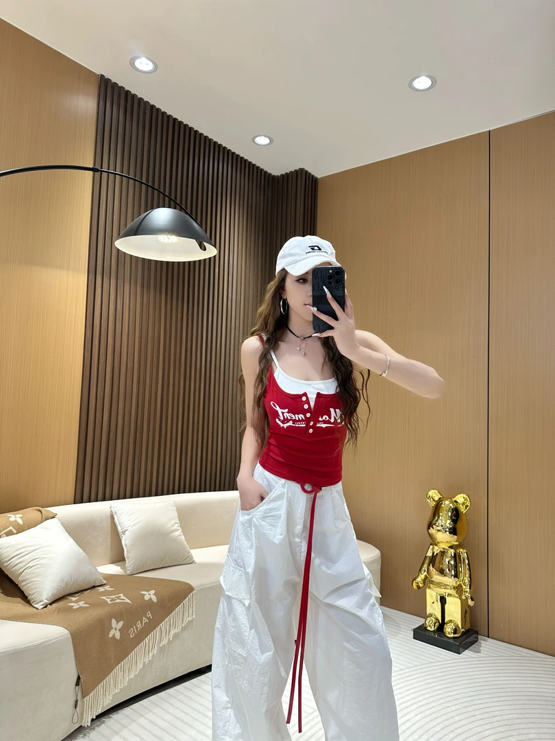 DA6076 假两件字母印花细肩带吊带 夏季带胸垫设计感显瘦时尚背心