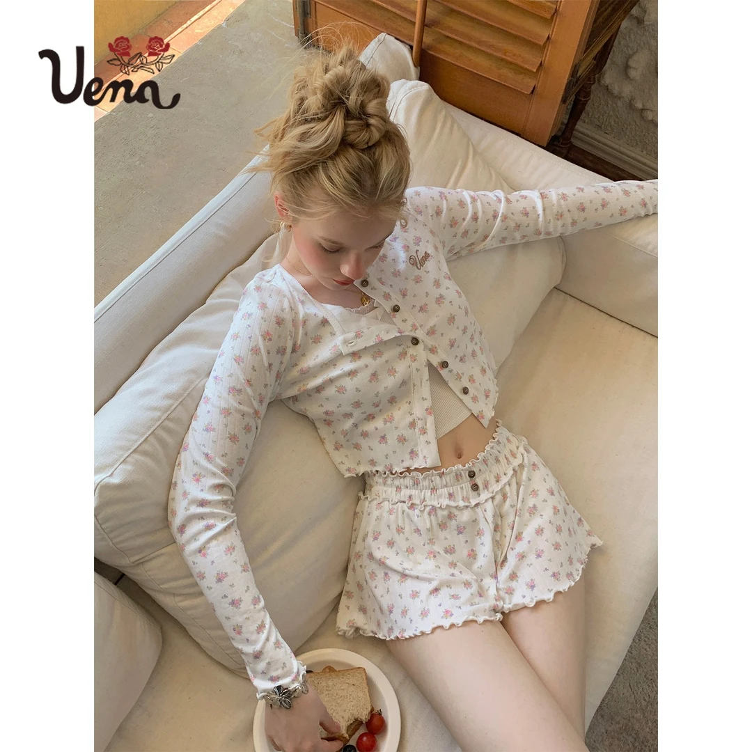 【美娇粉丝专属】Uena碎花蕾丝花边背心吊带针织开衫休闲短裤套装