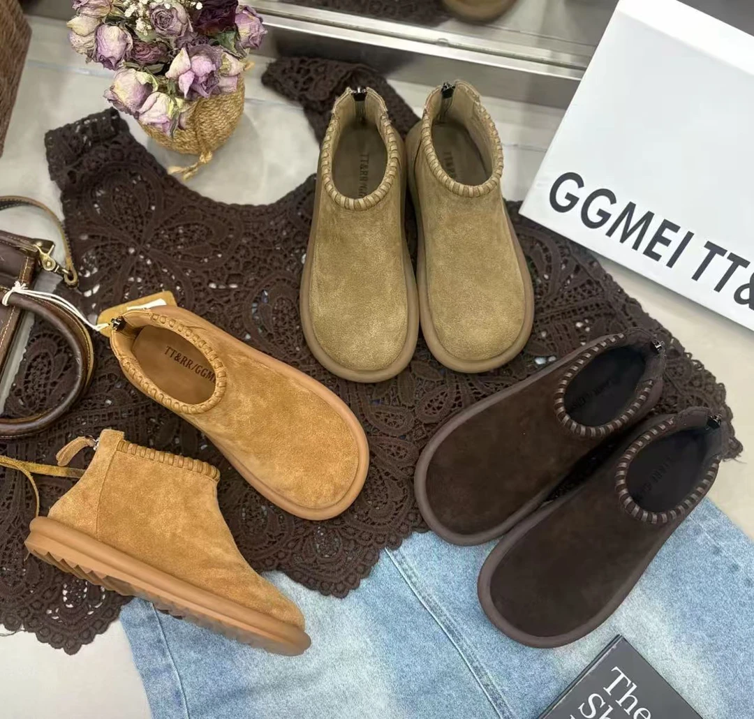 秋冬平底磨砂皮低跟秋季圆头马丁靴加绒加绒时尚高帮