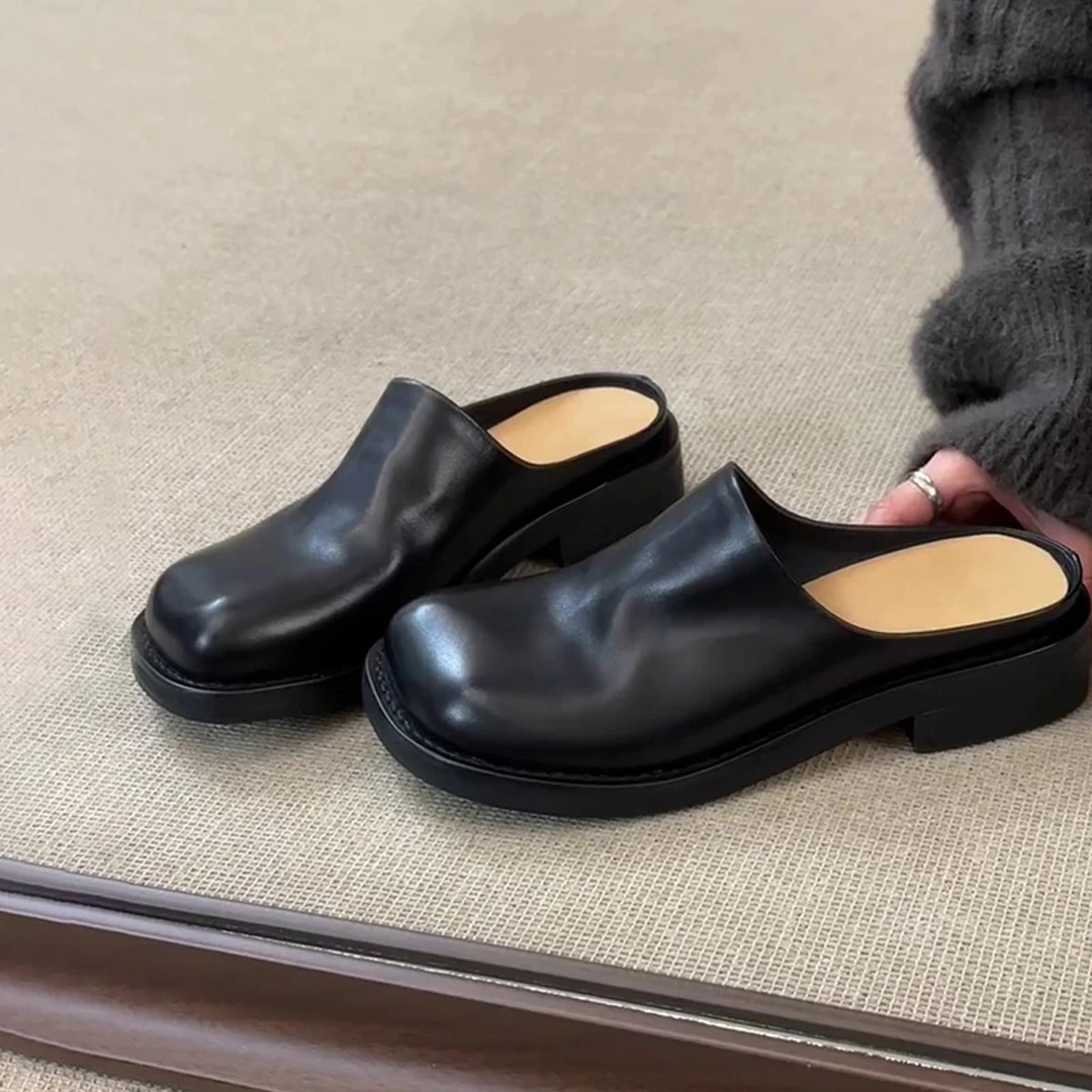 羊皮版~包头拖鞋勃肯水洗真皮方头半拖鞋厚底休闲复古皮鞋穆勒鞋