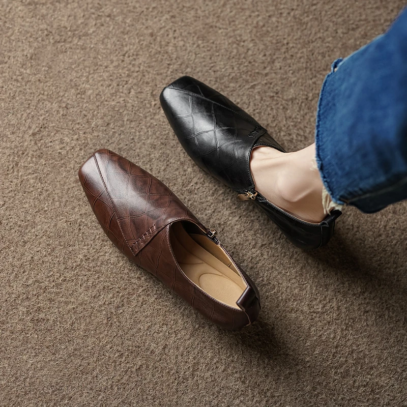 3cm/牛皮/真皮深口单鞋女春季新款法式复古方头中跟百搭小皮鞋女