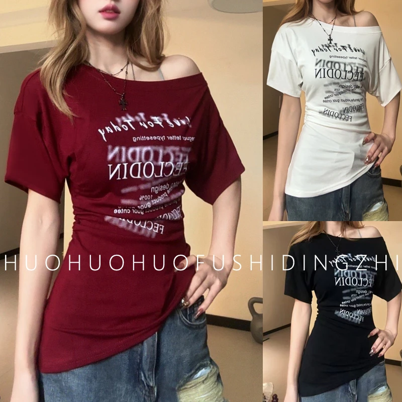 夏季新款不规则斜肩字母印花短袖T恤女收腰上衣6813