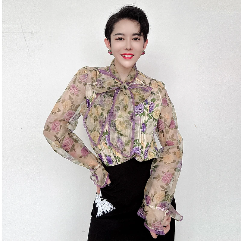 法式气质时尚长袖衬衫设计感印花上衣时尚立领衬衫夏季2025新款