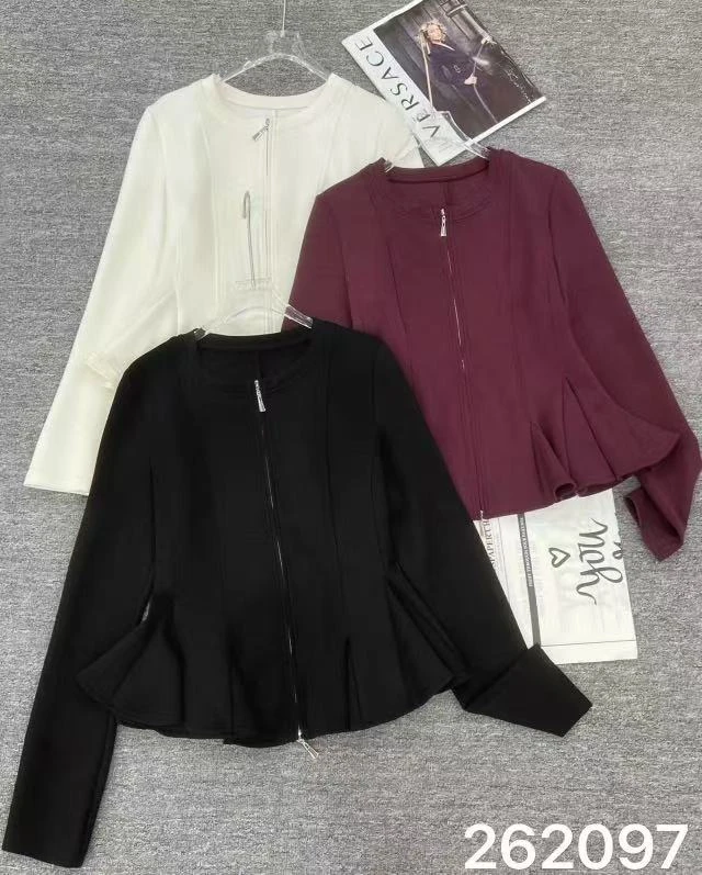 262097 鱼骨设计显瘦小香风开衫外套长袖纯色女士女装圆领短外套