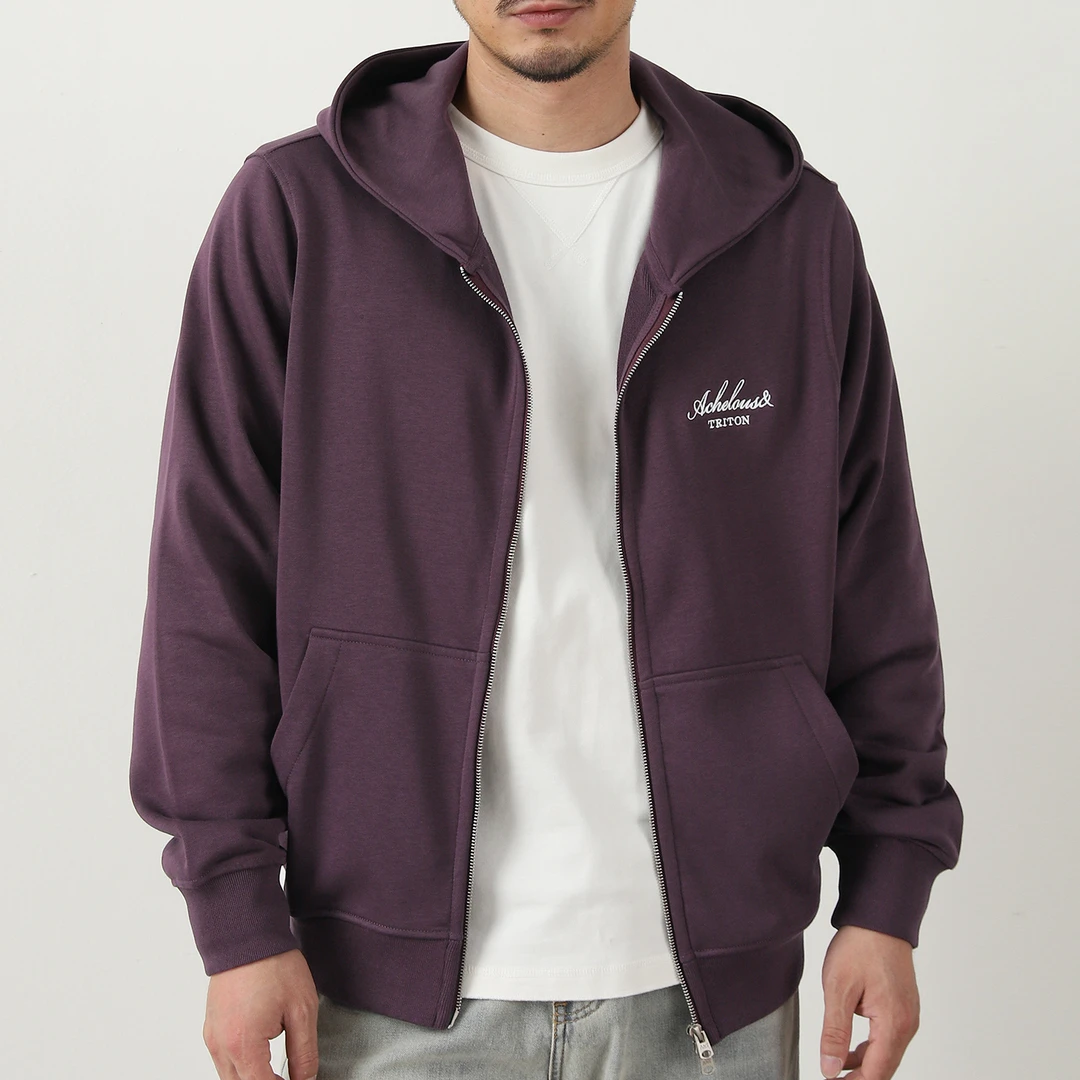 紫咖色春秋休闲运动连帽开衫卫衣男字母刺绣毛圈棉宽松双拉链外套