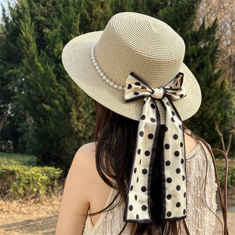 夏季遮阳防晒草帽子女法式珍珠绑带大檐沙滩海边蝴蝶结太阳帽子潮