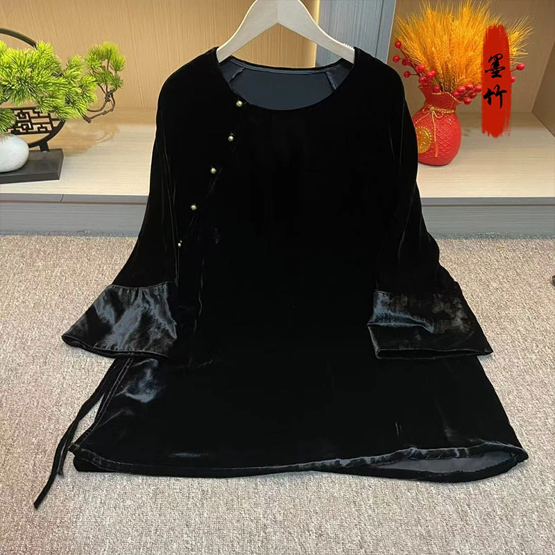 【70136】新中式中国风时尚高级感气质女士上衣气质宽松圆领腰绳