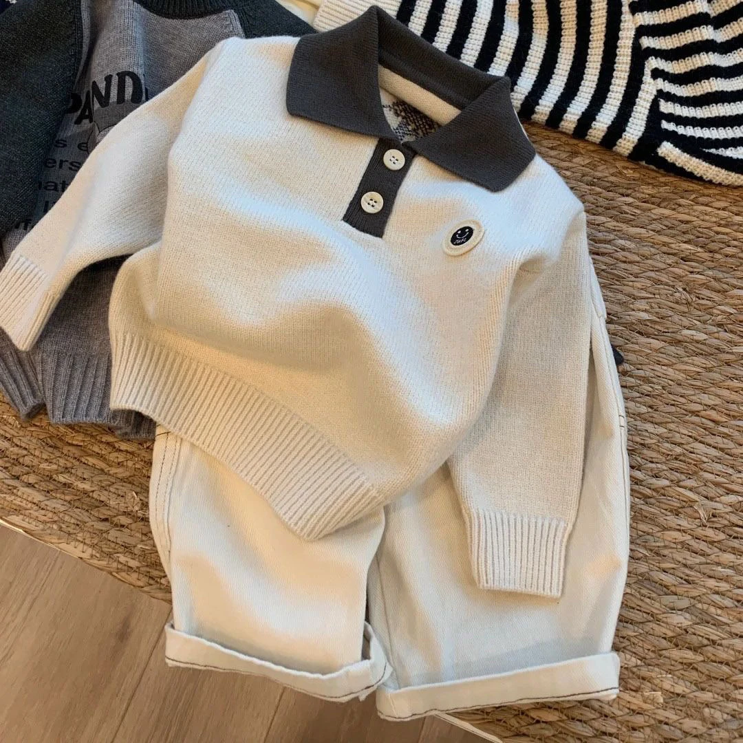 韩国童装男童POLO领毛衣2025秋冬新款洋气时髦撞色儿童针织衫上衣