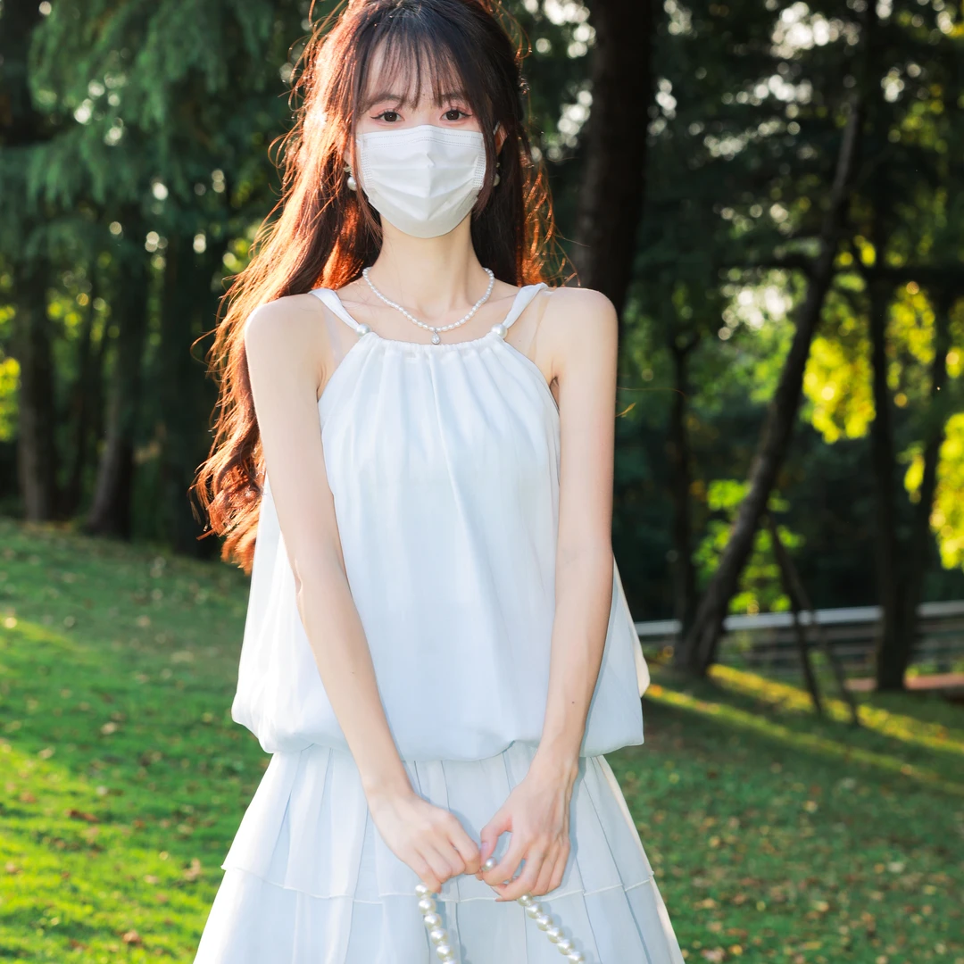 花崎鹿原创恋夏曲超仙挂脖蛋糕裙小个子短裙度假约会连衣裙雪纺