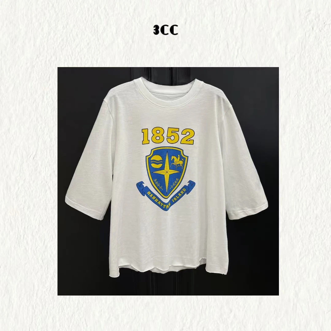 3CC【自由域】设计师盾牌印花T恤竹节棉复古1852字母时尚短袖89133