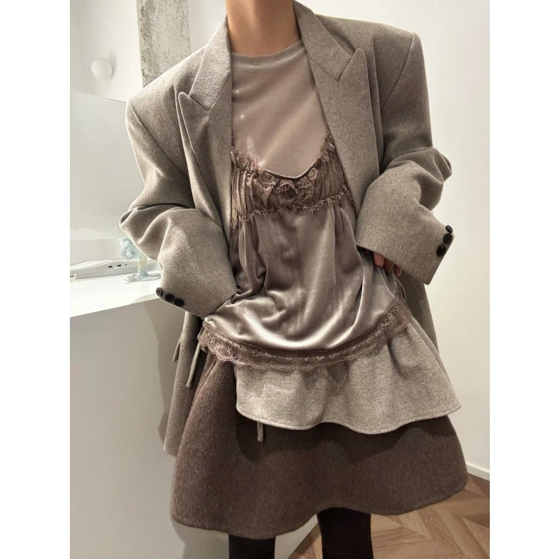 老钱风高级感穿搭洋气百搭西装内搭长袖t恤吊带背心宽松短裙套装