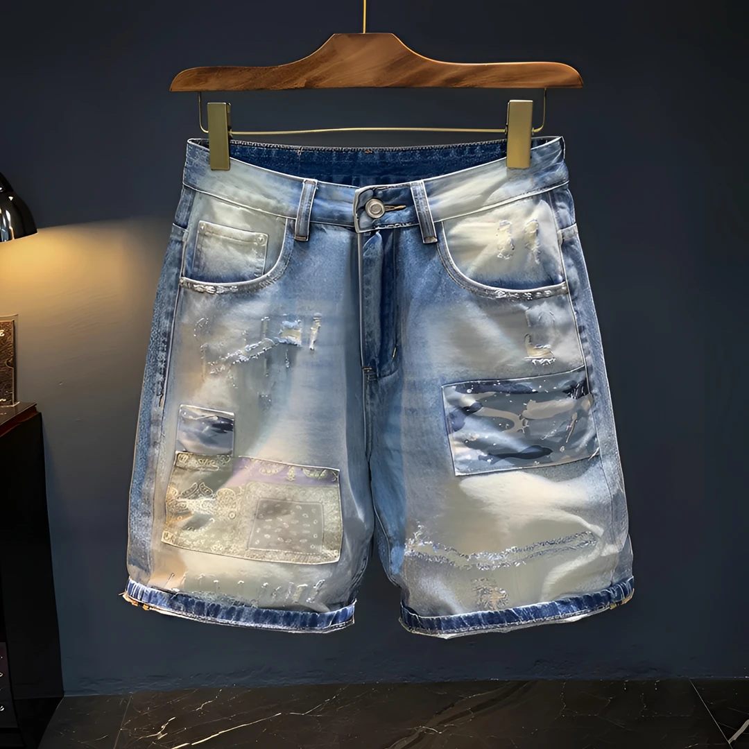 One What破洞牛仔短裤男2025夏季薄款拼接刮烂五分裤贴布休闲中裤