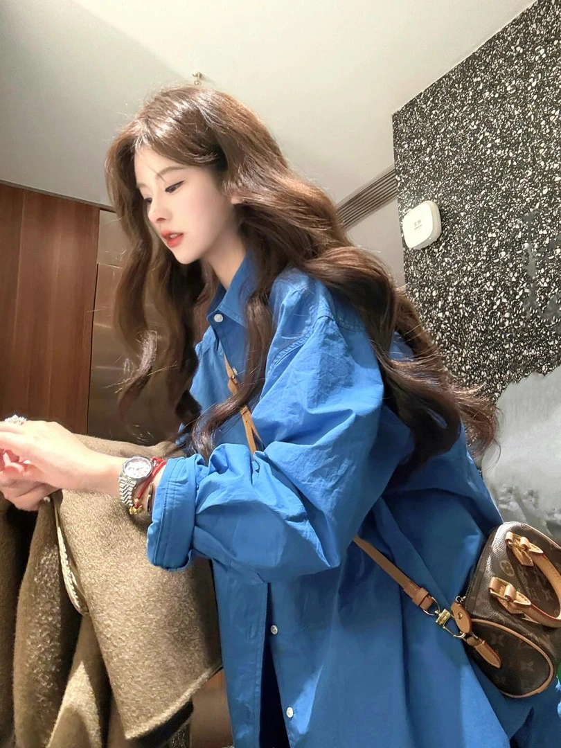 【淡蓝的海】时尚高级感蓝色衬衫上衣超显白女衬衫新款航海系穿搭