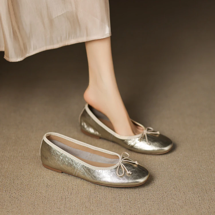 【跟高1CM】牛猪羊/圆头蝴蝶结酒红色平底懒人鞋软底女单鞋