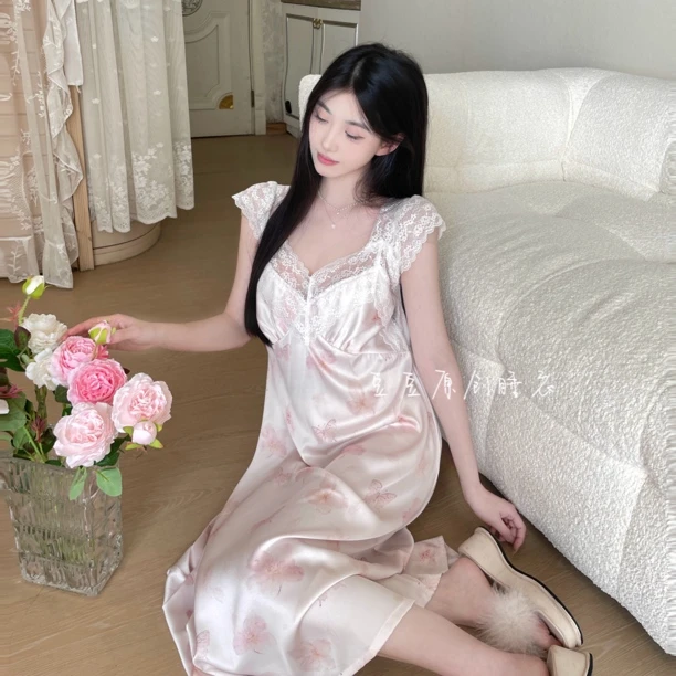 豆豆【蝶恋】月光丝带胸垫短袖睡裙高腰显瘦夏季显高显白睡衣女