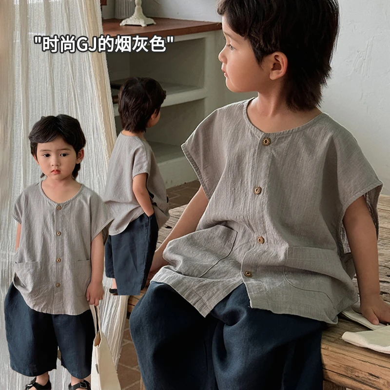 绵软文艺森系~轻薄复古圆领儿童落肩无袖开衫LZ241夏新男女童上衣