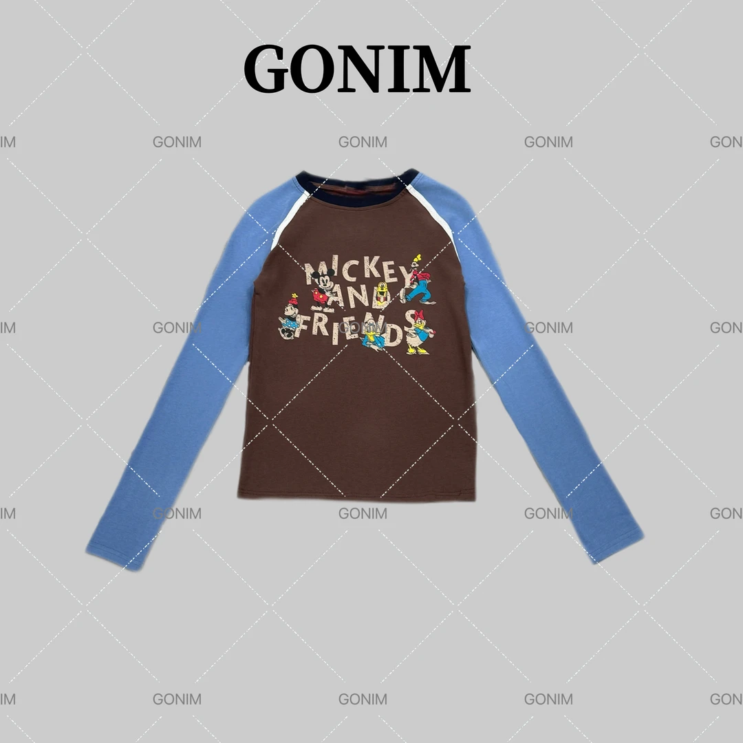 Gonim·"米奇乐园"2025春秋字母时尚百搭重工长袖T恤女