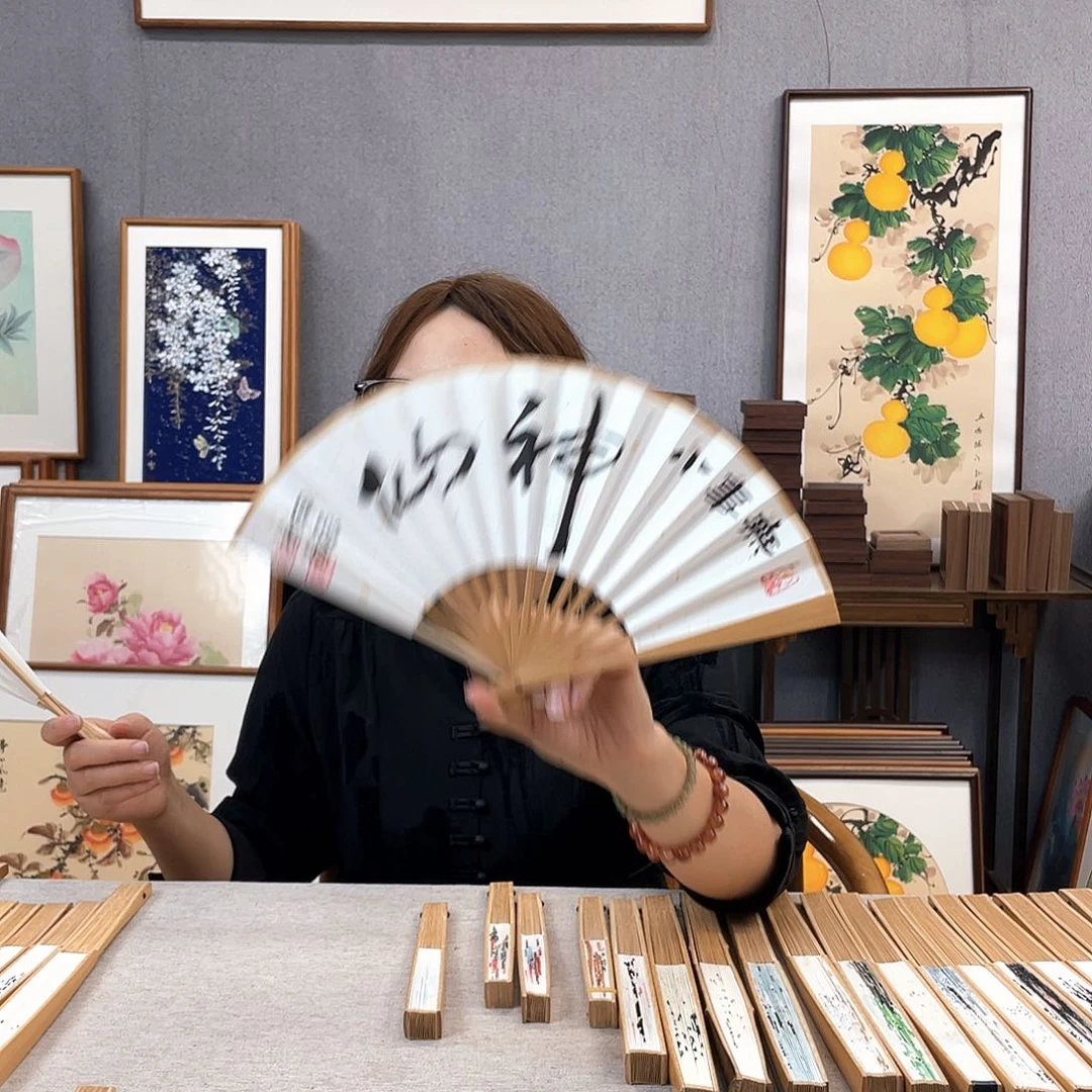 国画6寸玉竹-纯手绘-文玩扇骨（默认粘好）