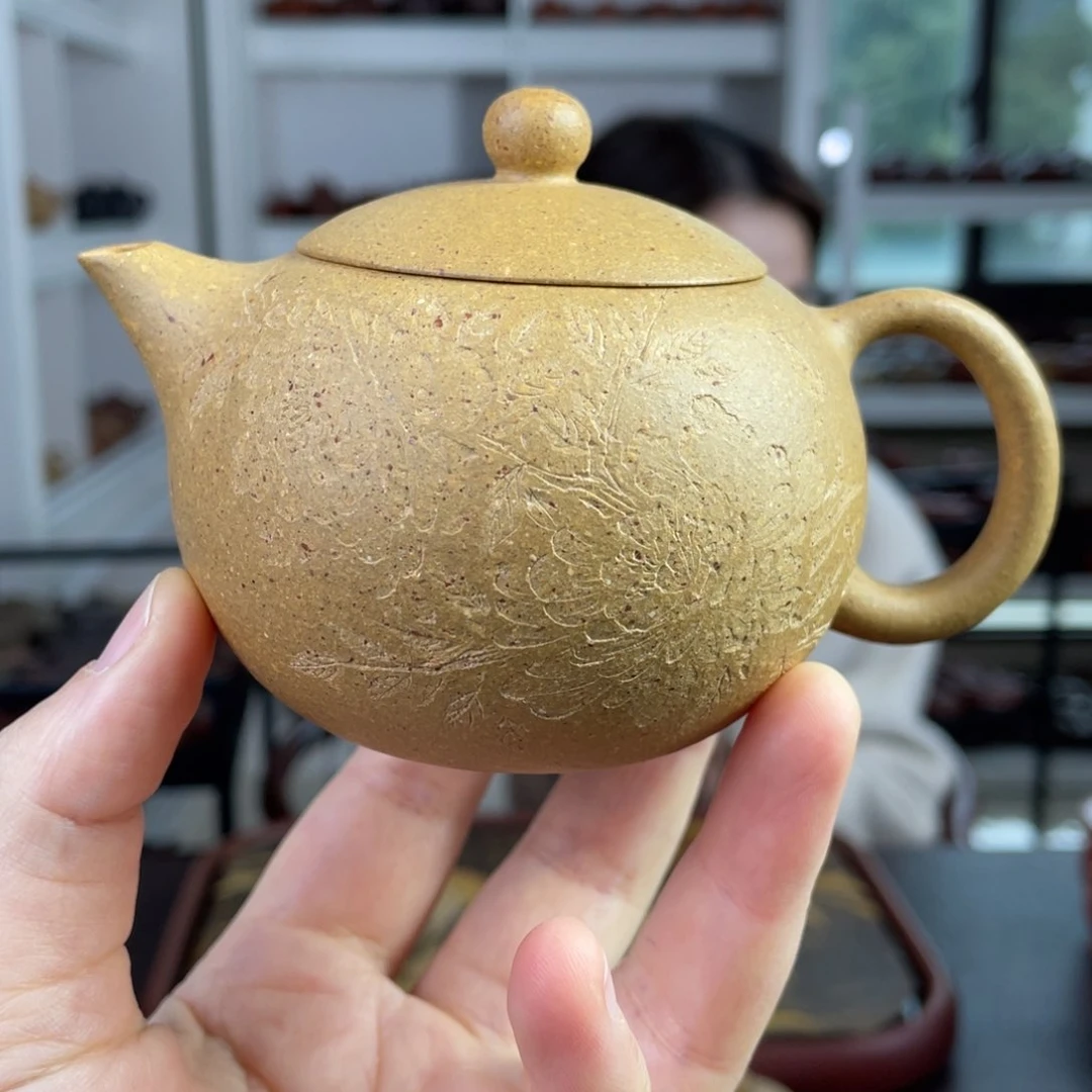 紫砂茶壶老黄金段西施刻绘花170cc