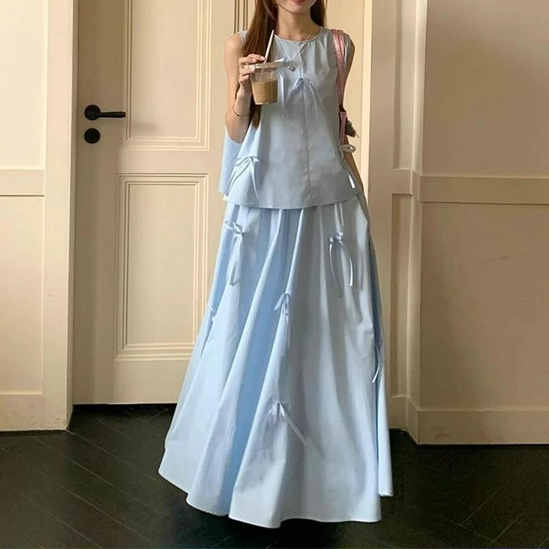 时尚套装小众立体蝴蝶结背心女装夏季高腰半身裙A字裙气质两件套