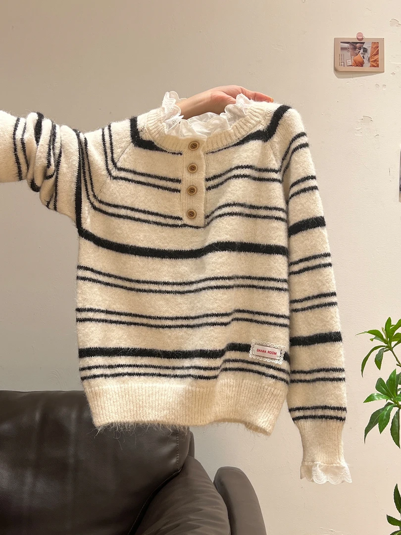 秋冬蕾丝荷叶边撞色条纹加厚针织毛衣长袖外套外穿打底内搭上衣女