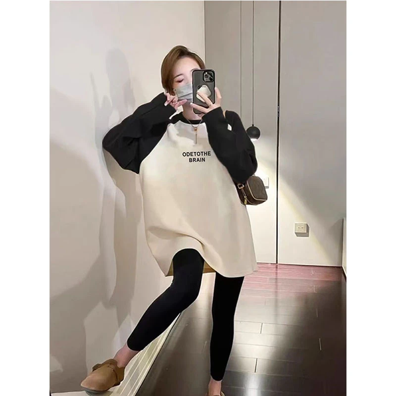 爆款插肩加厚磨毛长袖t恤女士中长款搭配鲨鱼裤宽松上衣遮屁股打