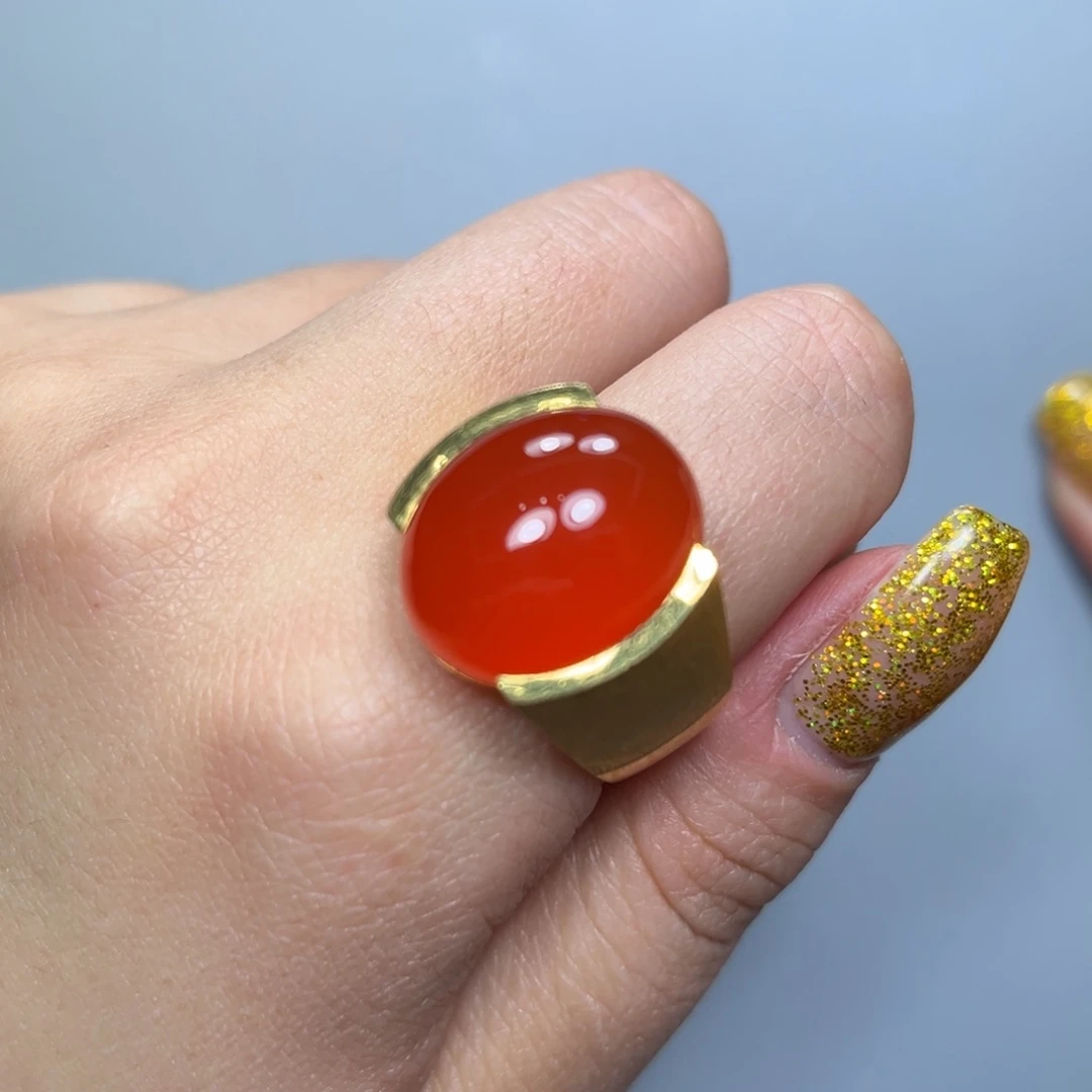 南红玛瑙冰红戒指小庄18K金镶嵌