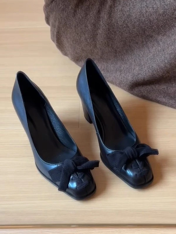 PYT~法式复古浅口单鞋女粗跟通勤风方头高跟鞋简约百搭蝴蝶结女鞋