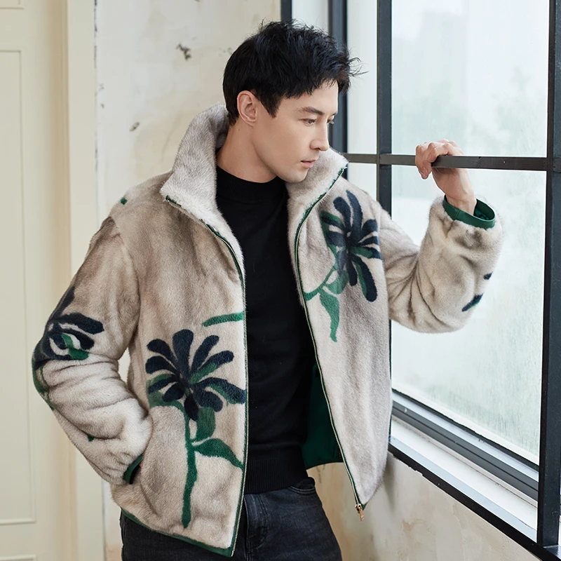 海宁新款男装水貂皮草时尚外套大衣拉链立翻领