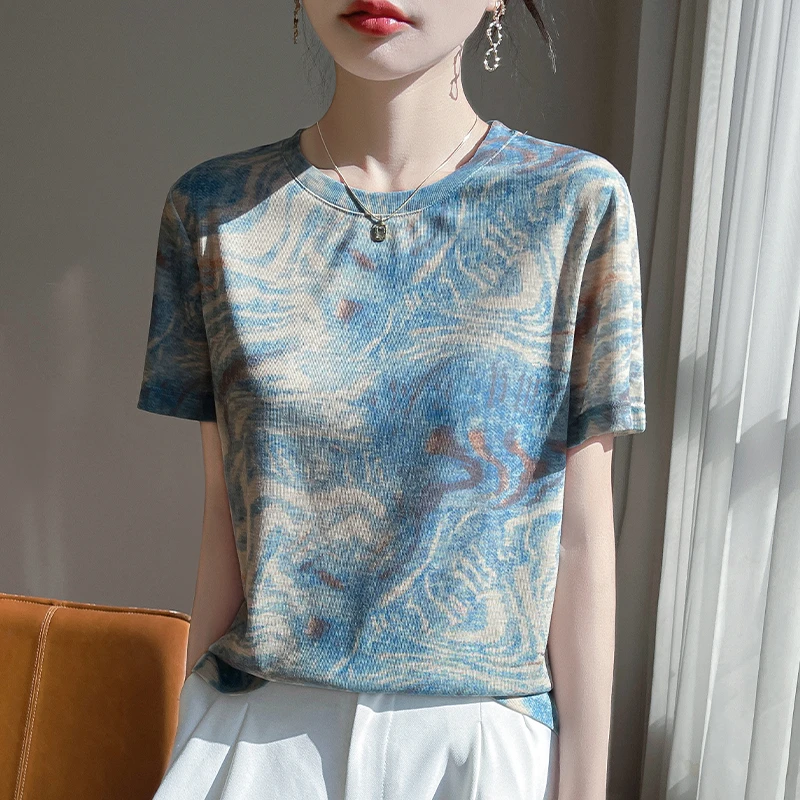 100%莱赛尔天丝女士圆领宽松版短袖T桖（水云蓝）