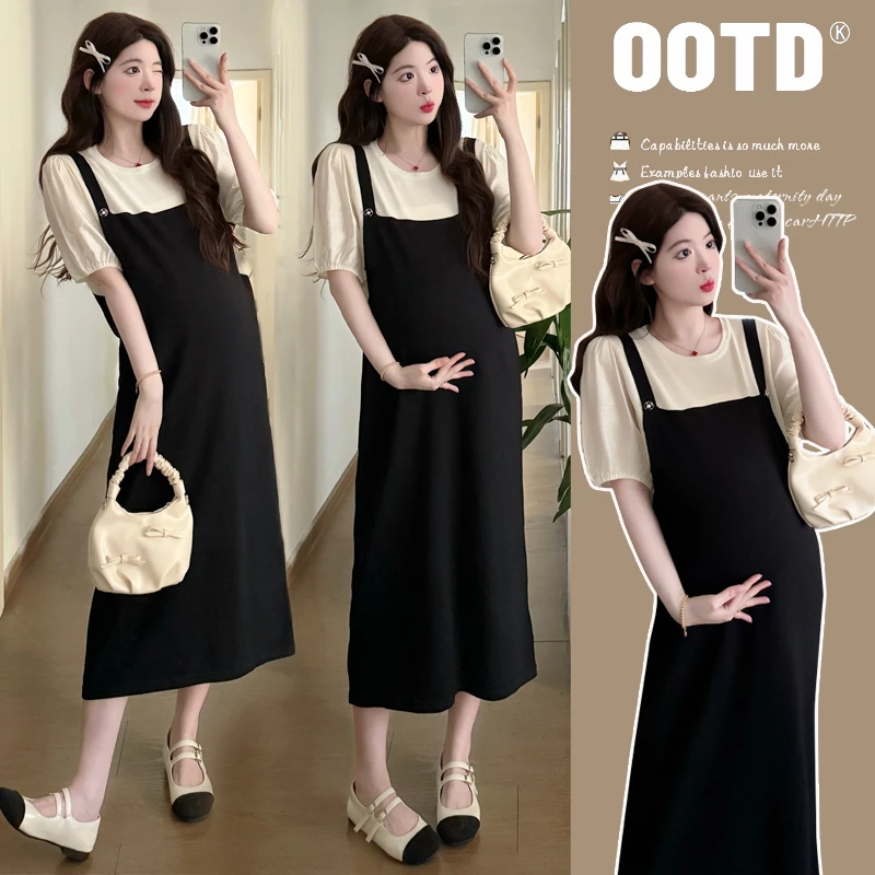 韩版显瘦洋气时髦孕妇装现货夏季休闲针织假两件套孕妇连衣裙