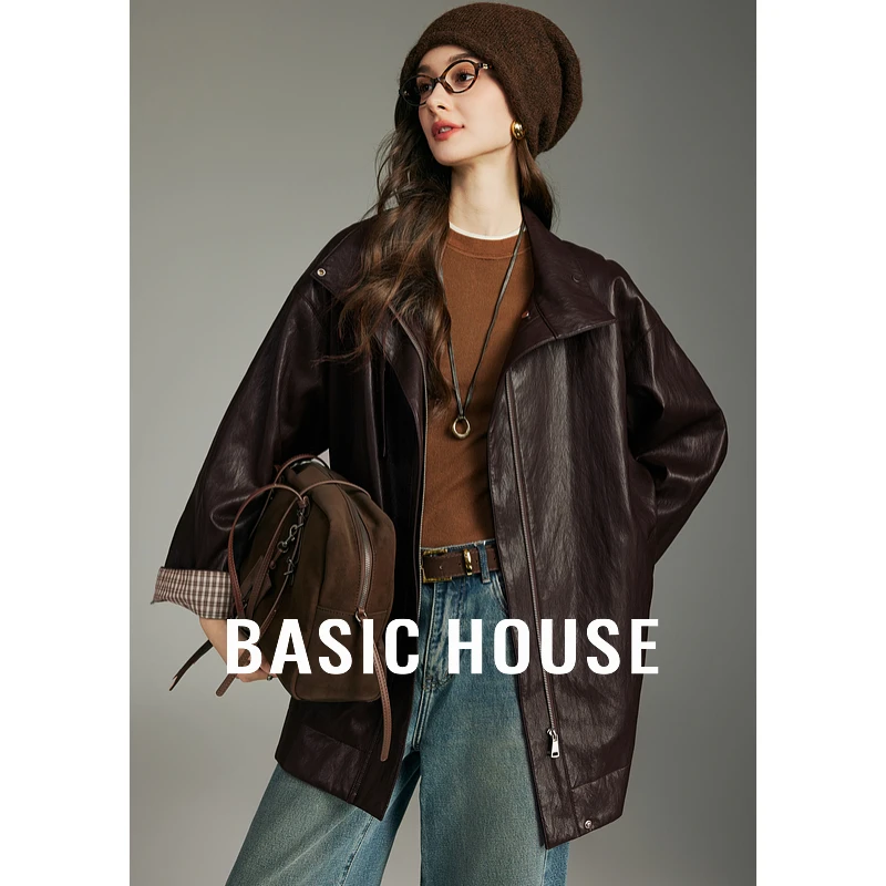 Basic House/百家好立领仿皮皮衣外套女秋季新款风衣B1195B5X942
