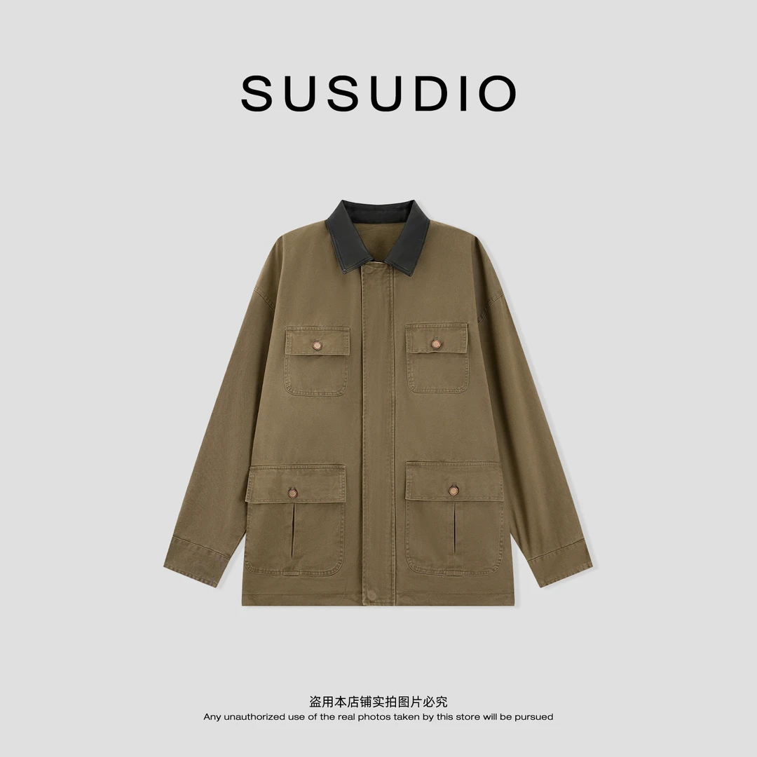 SUSUDIO 100棉 巴恩风早秋格子撞色工装口袋拼接皮领外套 C3024