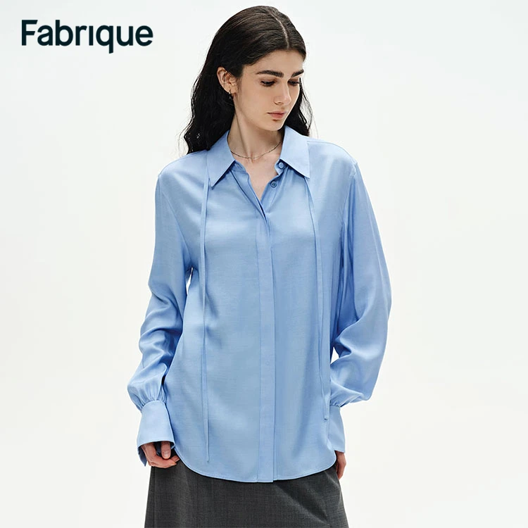 Fabrique 欧若风春夏新款云水蓝桑蚕丝垂软系带休闲百搭经典衬衫