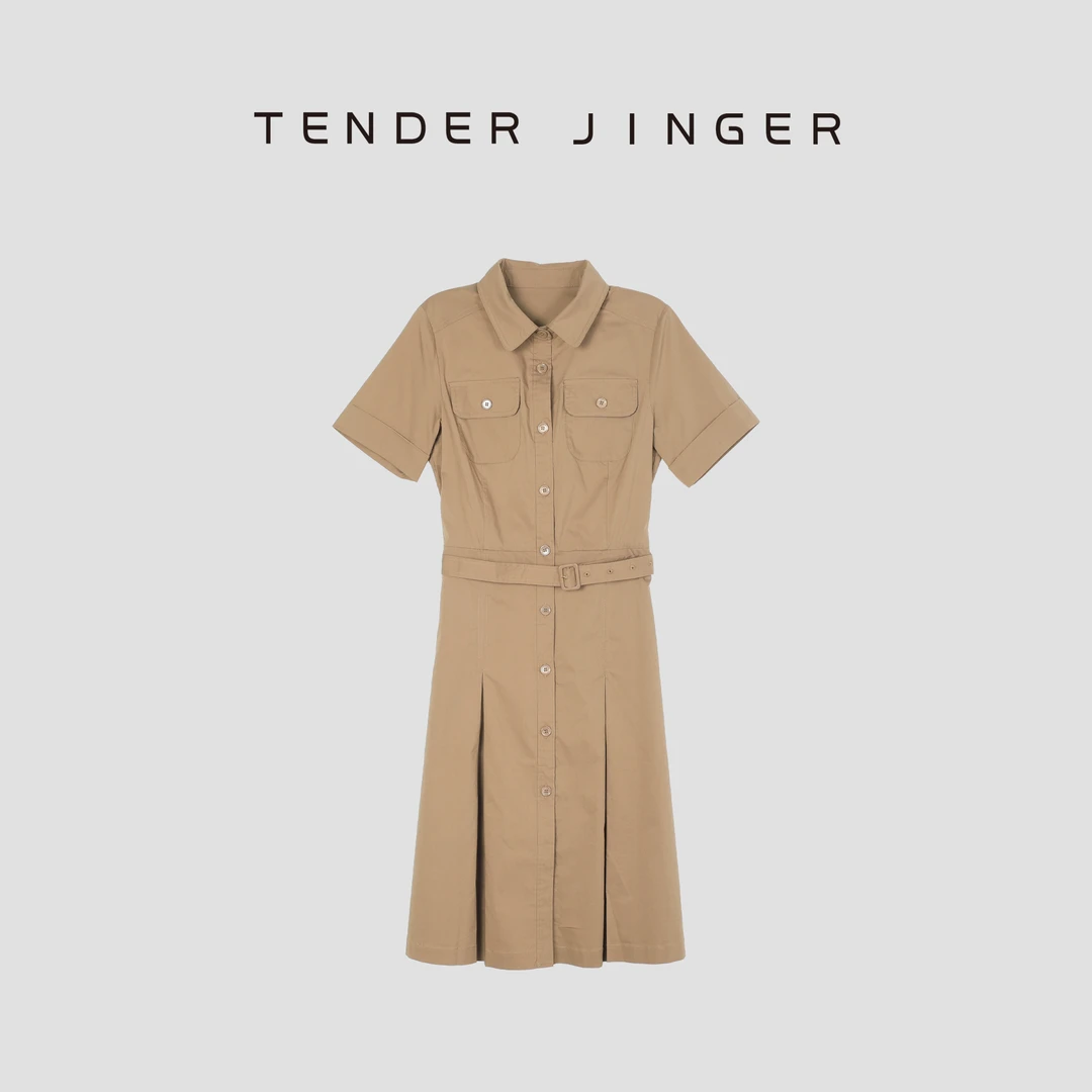 Tender Jinger衬衫式收腰短袖中长款连衣裙T52HMD80985