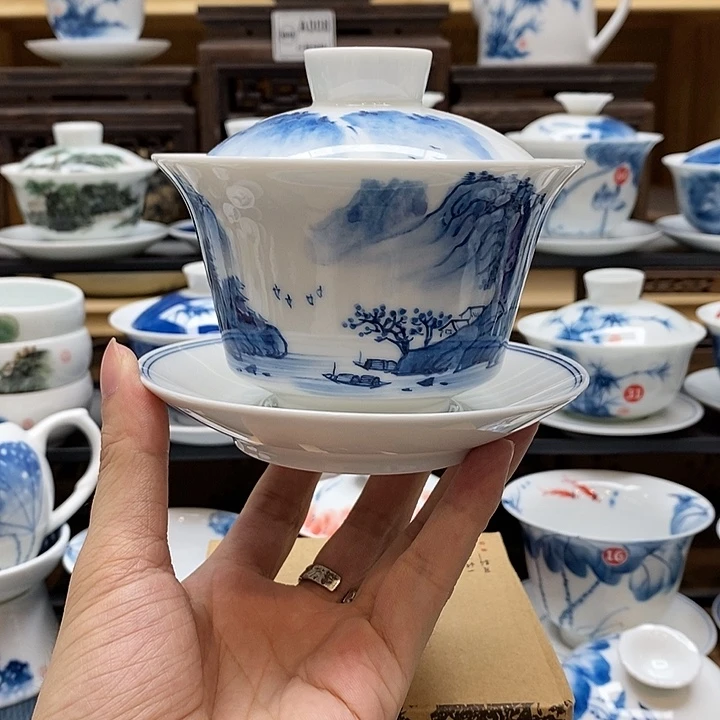 手绘烟雨江南盖碗260cc釉下彩微瑕福利款