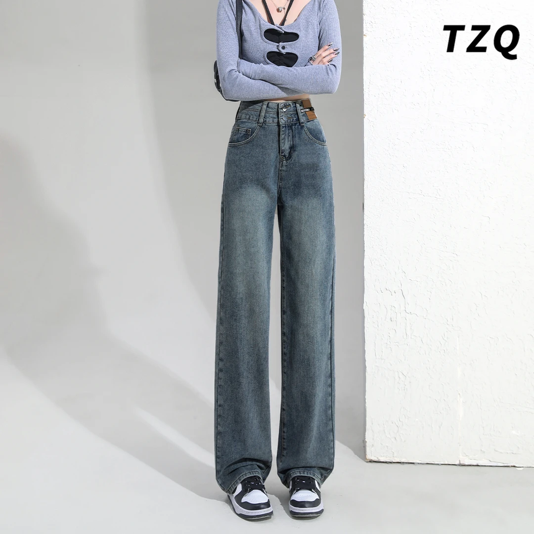 小个子复古加绒直筒阔腿牛仔裤女秋冬新款高腰九分裤TZQ25112529