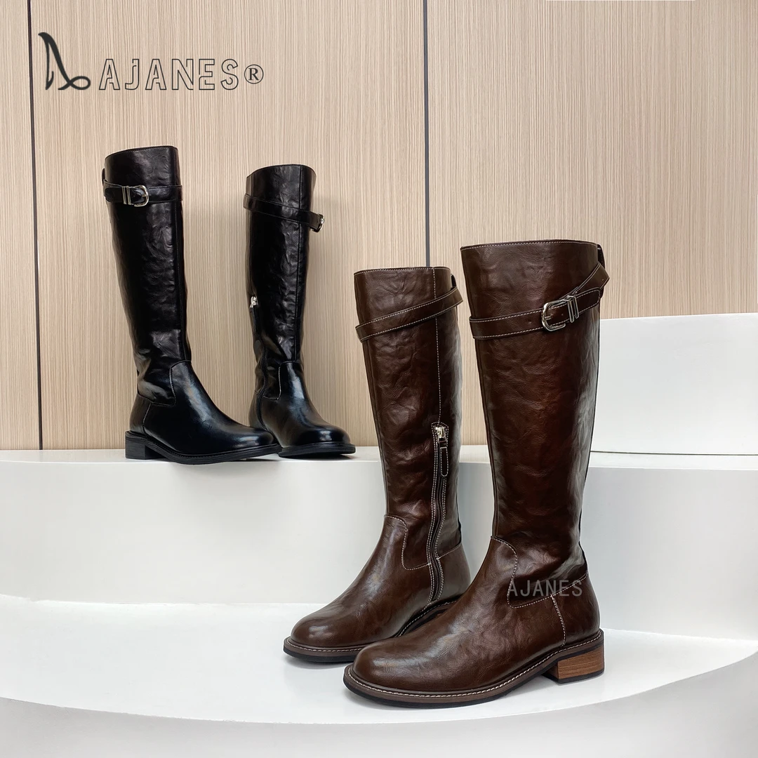 秋冬新款女水洗马皮圆头皮带扣粗跟厚底长筒骑士靴女26657-8