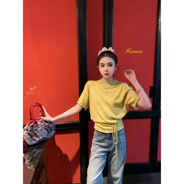 【“不简单”Tee】H-96012 韩系黄色针织短袖正肩小个子宽松显瘦上衣