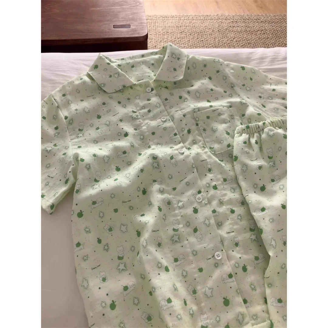 【青苹果小狗印花】甜美可爱睡衣女2025夏季新款短袖长裤家居服套装