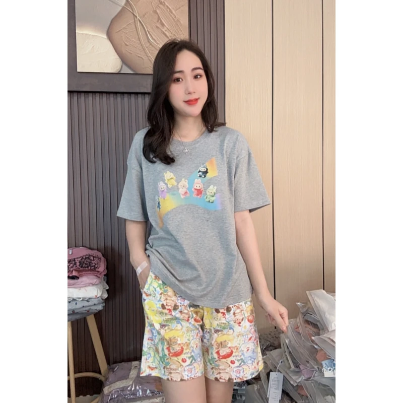 睡衣女夏季新款纯棉短袖短裤韩版可外穿家居服套装（彩虹拉布布）