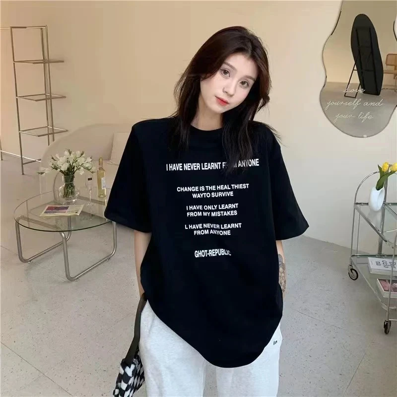 100%纯棉重磅T恤宽松慵懒风半短袖设计感小众hiphop街舞上衣女