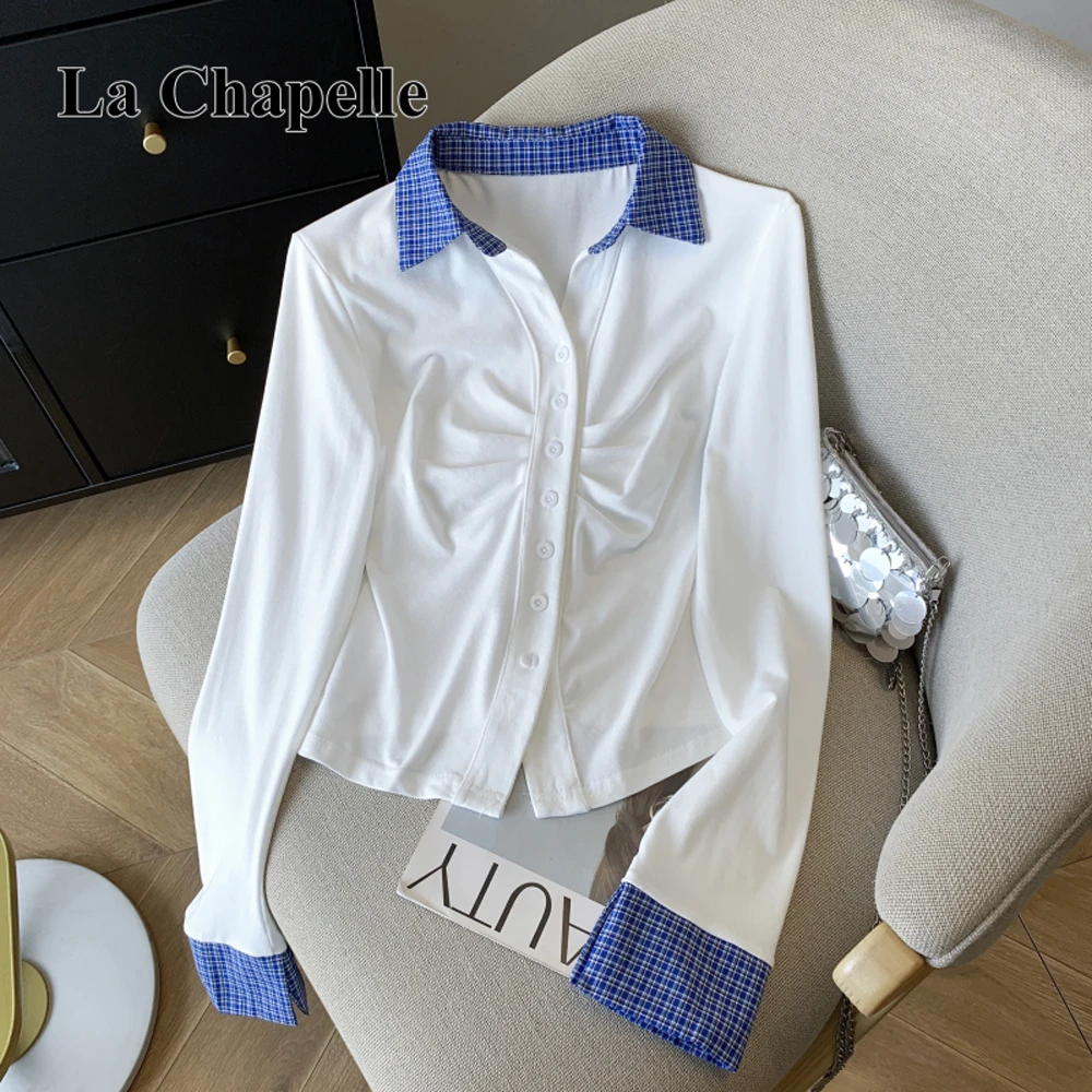 拉夏贝尔polo领长袖针织上衣2025秋季时尚百搭褶皱撞色格子T恤女