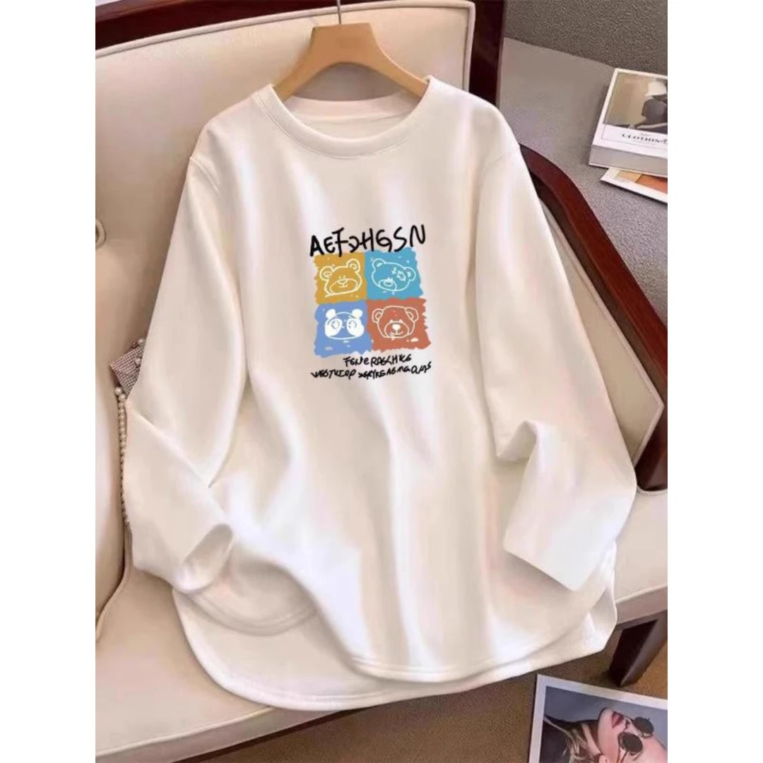 白色德绒中长款弧形下摆T恤衫女春秋冬季别致气质上衣时尚睡衣女