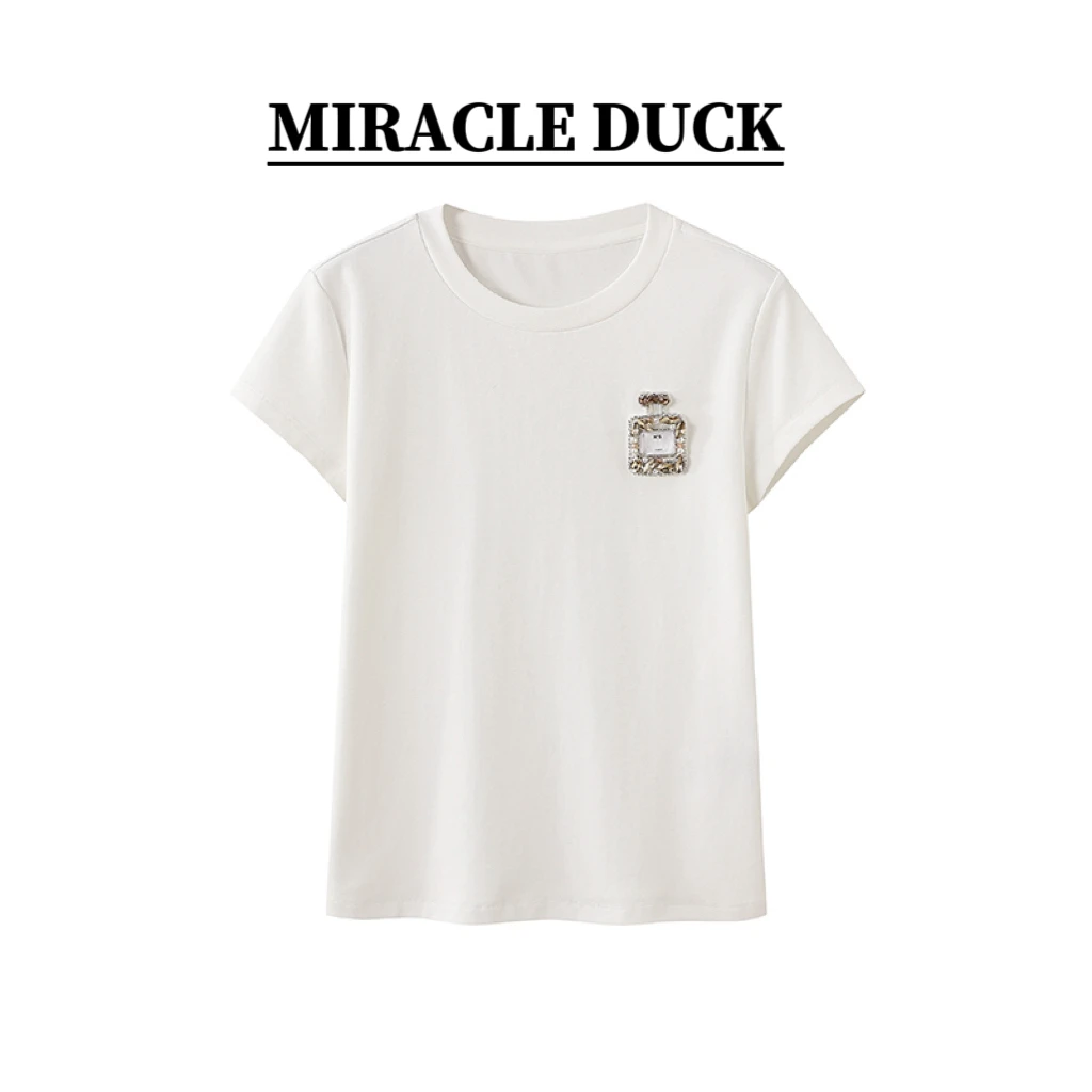 【香水瓶】夏季时尚百搭钉珠女士白色圆领短袖T恤C1603