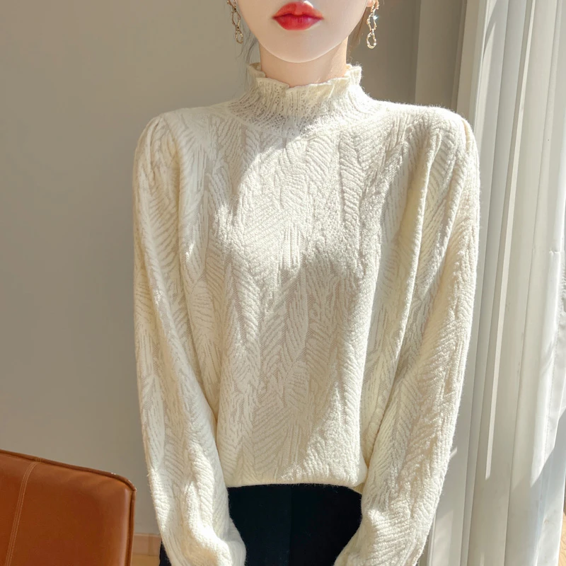 哥弟阿玛施正半高领时尚轻奢简约大气通勤树叶纹气质蕾丝羊毛衫女