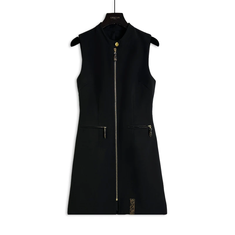 【CENFUN】149*2025春夏黑色拉链金标无袖连衣裙E001294